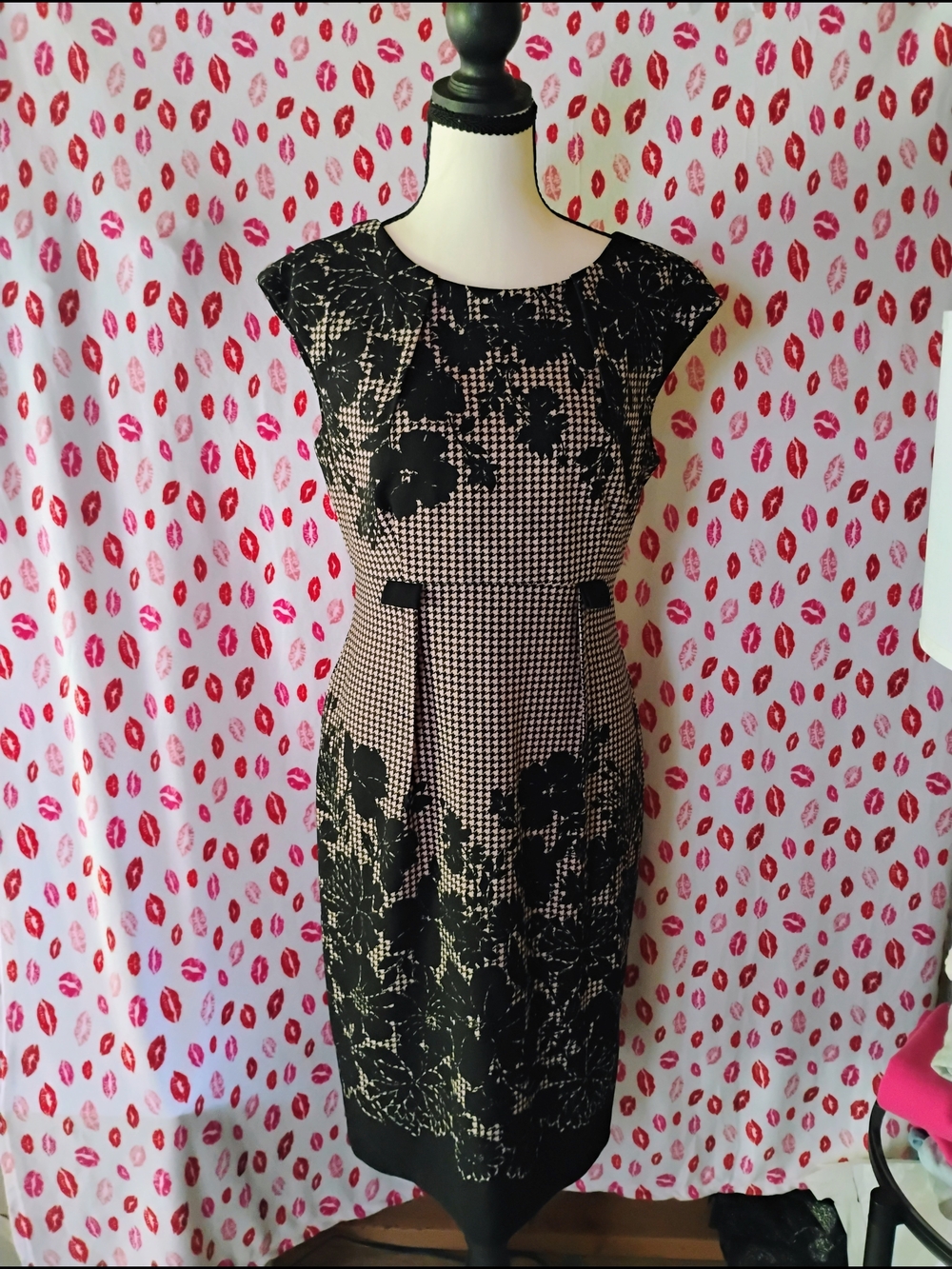 Black and Ivory Floral Houndstooth Midi Dress